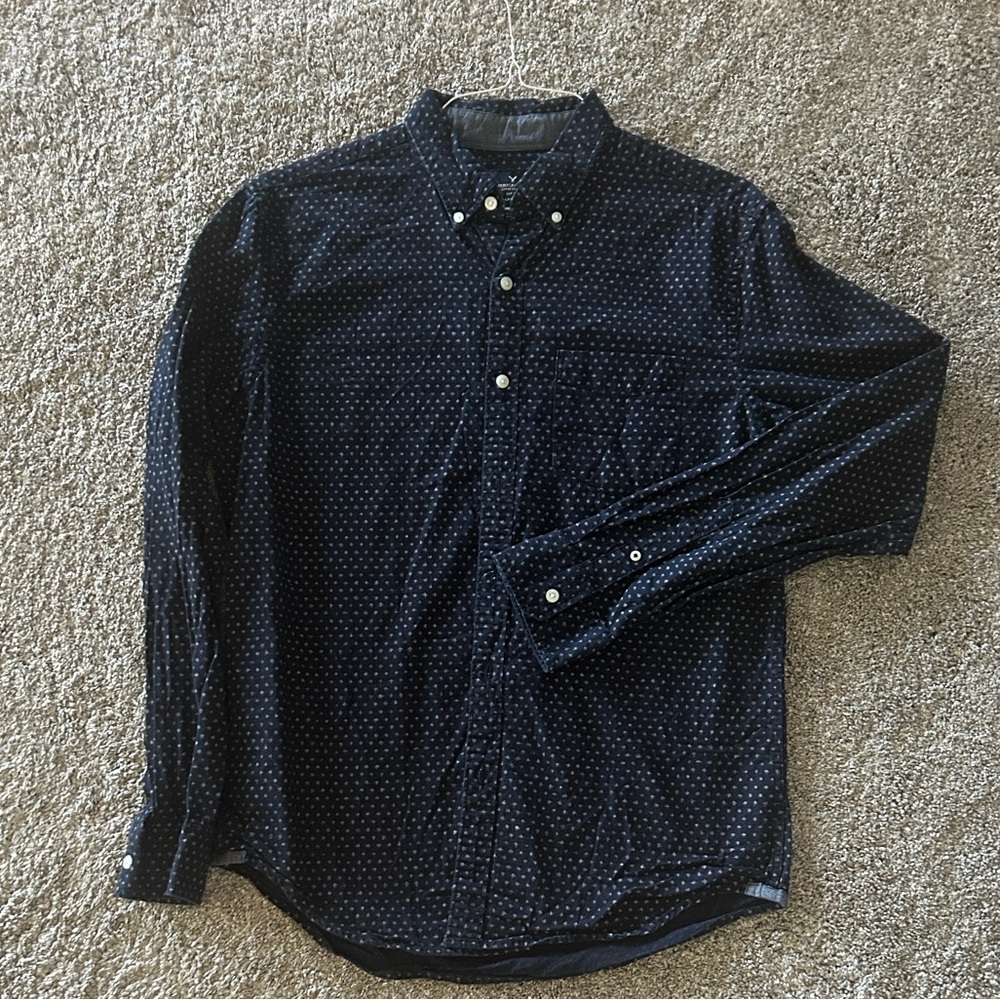 American Eagle Outfitters Men's Dark Blue Polka Dot Shirt